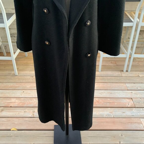 Vintage 90s Double Breasted Belted Long Maxi Overcoat Black Wool Trench Coat - Picture 16 of 16